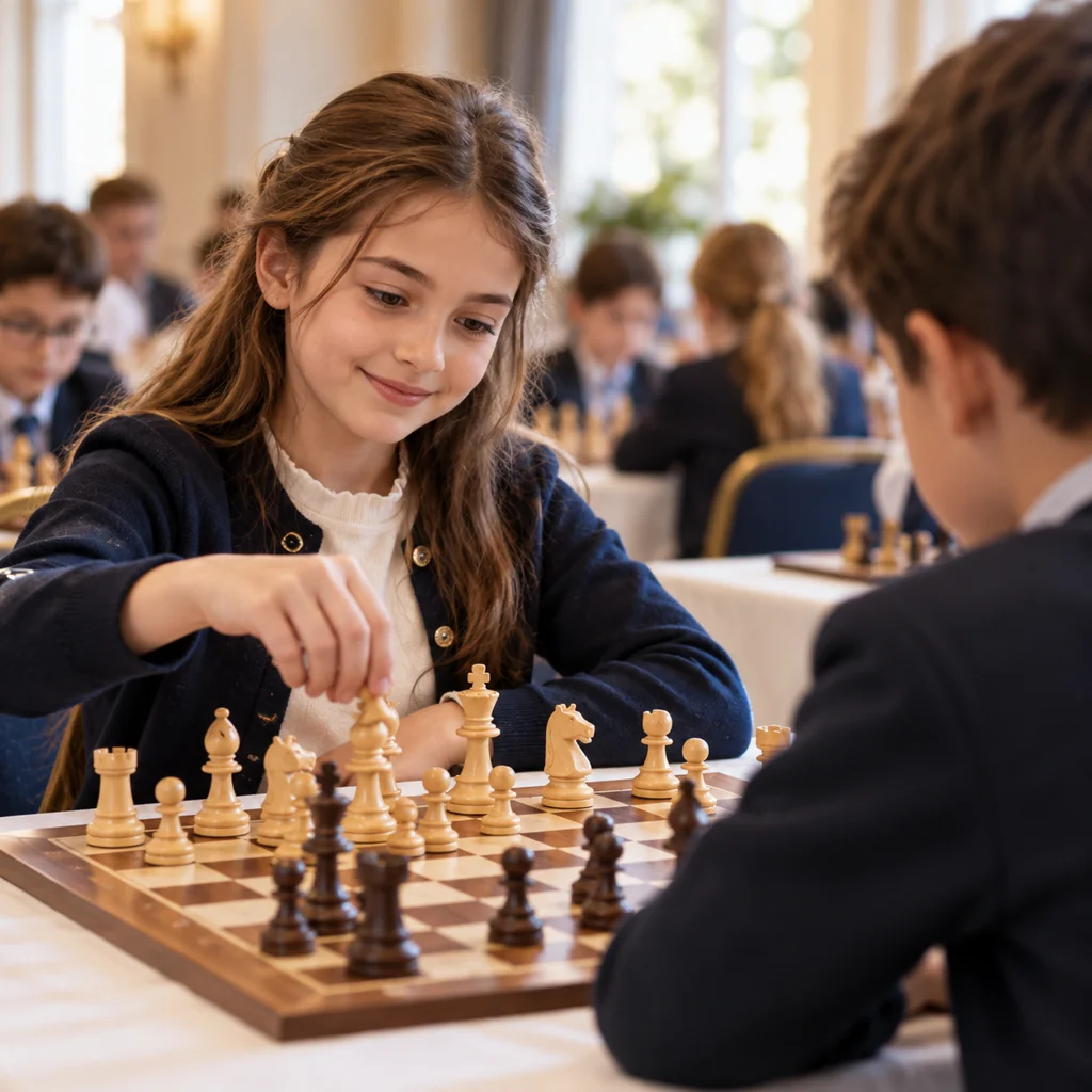 Illustration of a child confidently playing chess against an opponent at a junior tournament